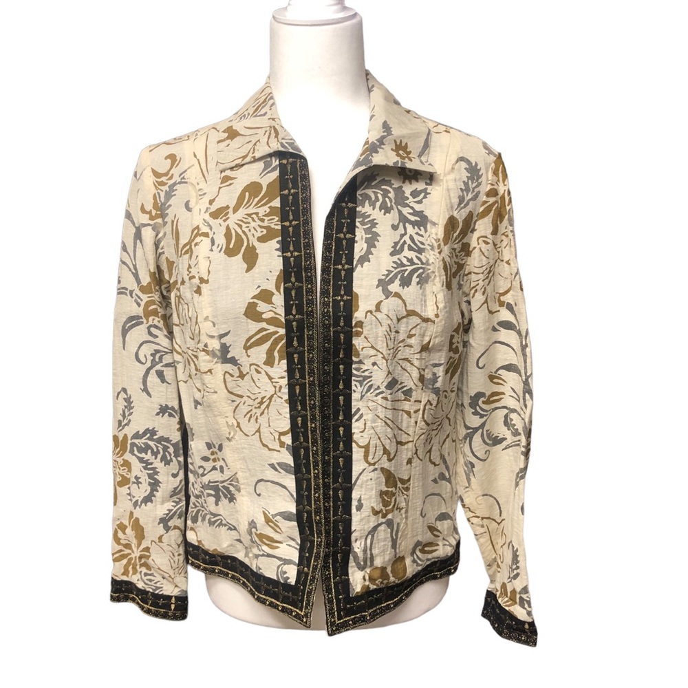 Coldwater Creek Womens Small Petite Blazer jacket linen blend Floral boxy office